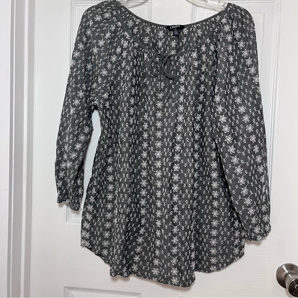 Chaps Charcoal Floral Eyelet Lace Women's Blouse
